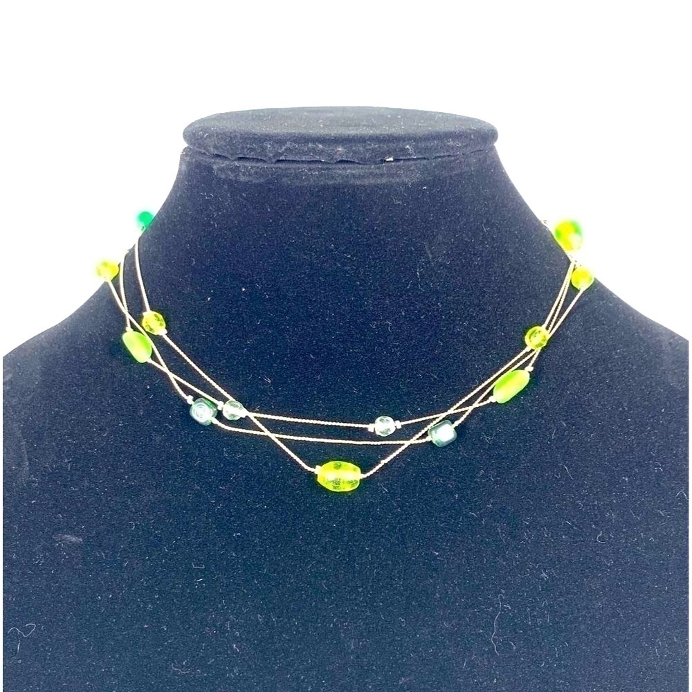 NY Brand Triple Strand Delicate Beaded Necklace Green/Silver Rope Chain